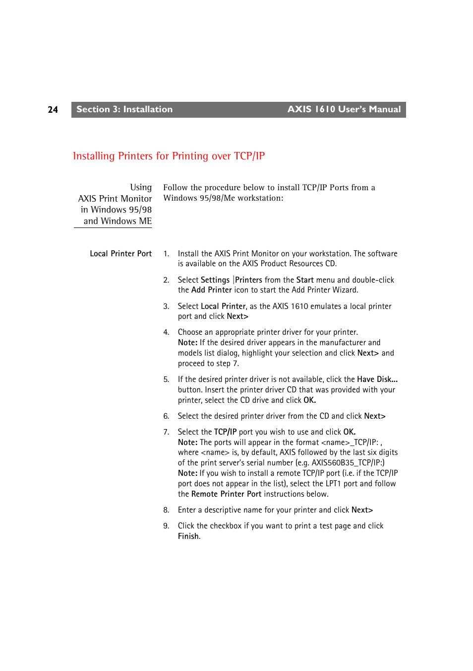 Installing printers for printing over tcp/ip | Canon AXIS 1610 User Manual | Page 24 / 57