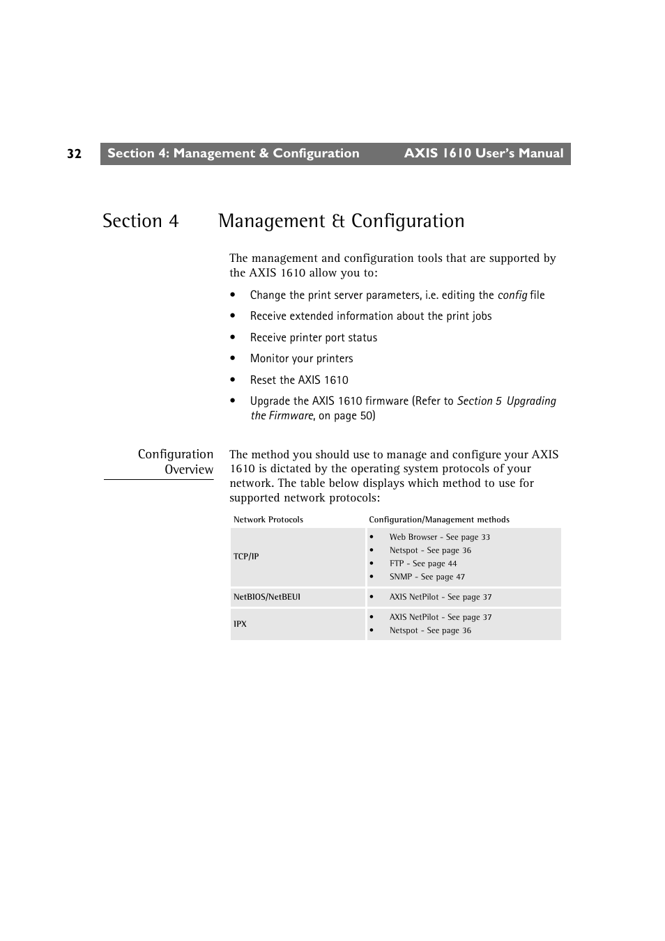 Section 4 management & configuration, Section 4, Management & configuration | Axis 1610 user’s manual, Configuration overview | Canon AXIS 1610 User Manual | Page 32 / 57