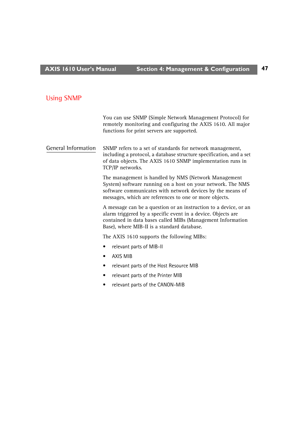Using snmp | Canon AXIS 1610 User Manual | Page 47 / 57