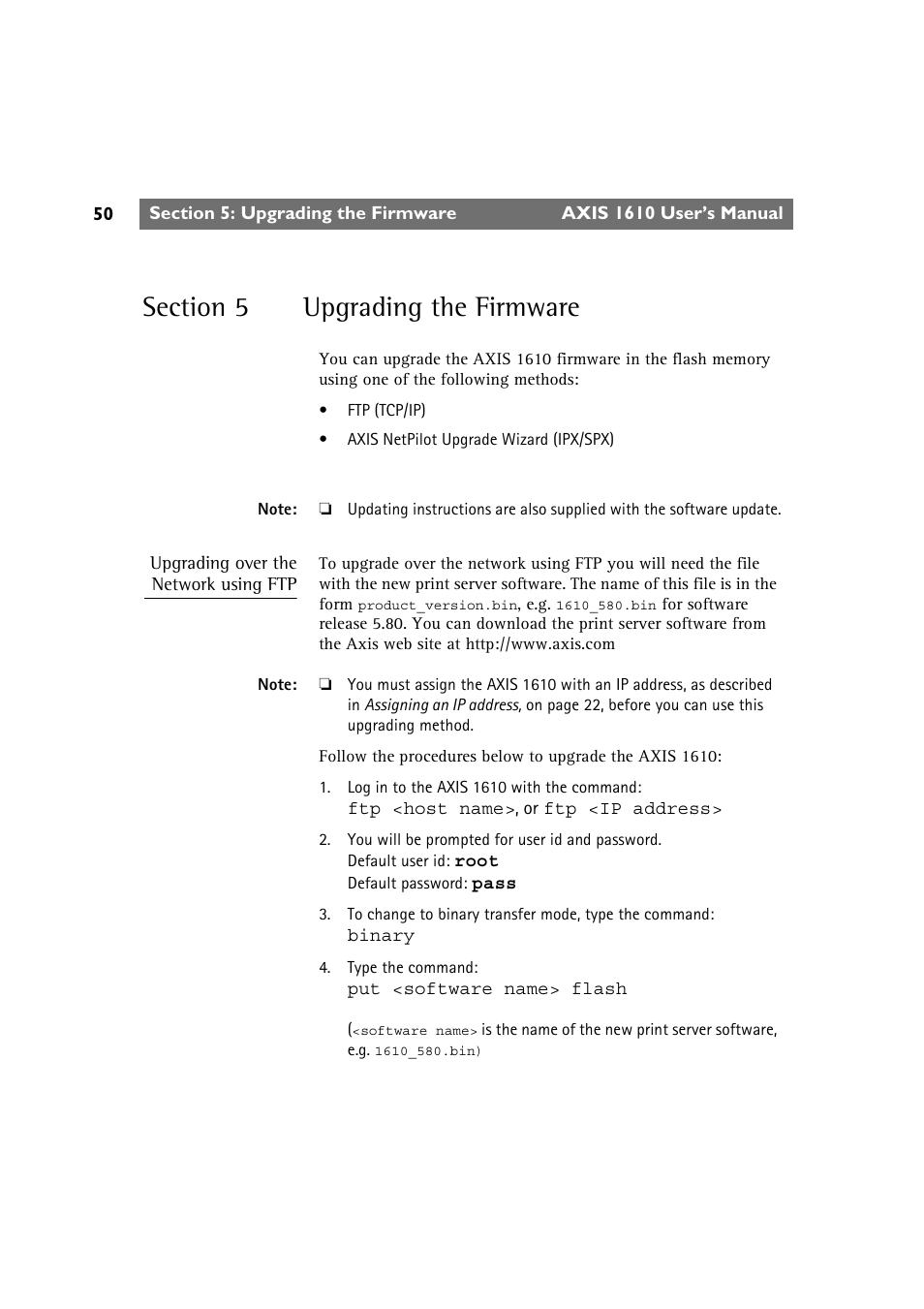 Section 5 upgrading the firmware, Section 5, Upgrading the firmware | Section 5 upgrading | Canon AXIS 1610 User Manual | Page 50 / 57