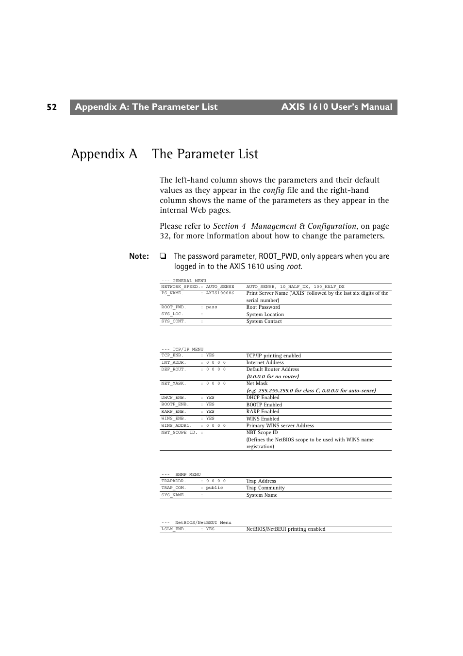 Appendix a the parameter list, Appendix a: the parameter list, Axis 1610 user’s manual | Canon AXIS 1610 User Manual | Page 52 / 57