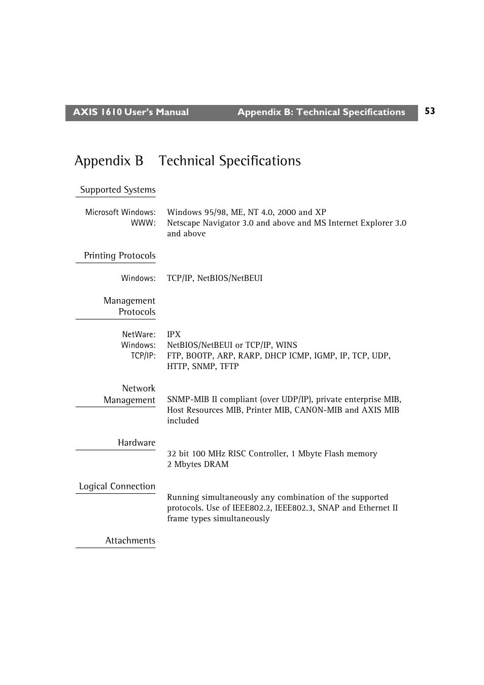 Appendix b technical specifications | Canon AXIS 1610 User Manual | Page 53 / 57
