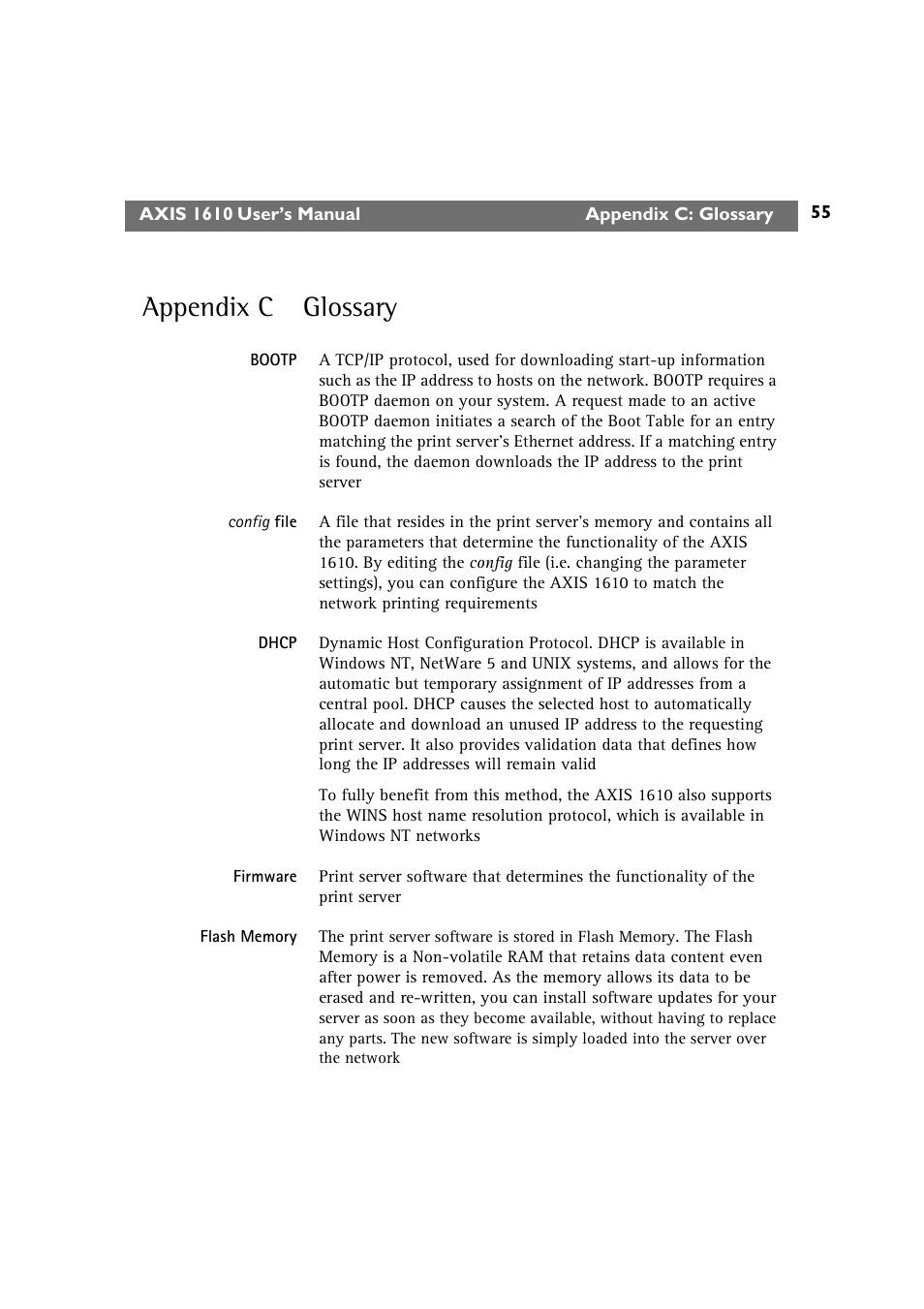 Appendix c glossary, Dhcp, Bootp | Canon AXIS 1610 User Manual | Page 55 / 57