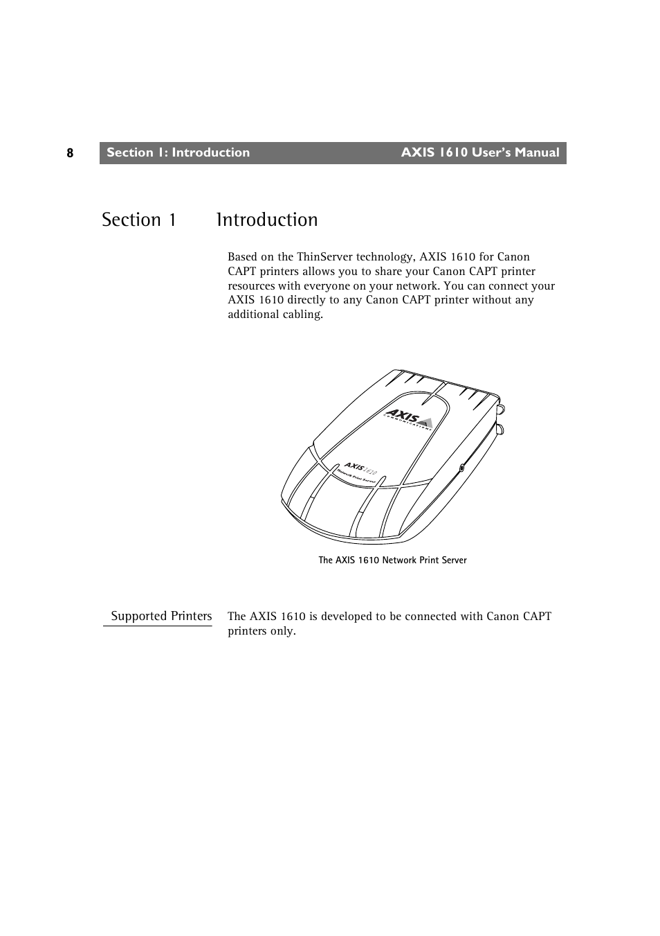 Section 1 introduction, Section 1, Introduction | Canon AXIS 1610 User Manual | Page 8 / 57