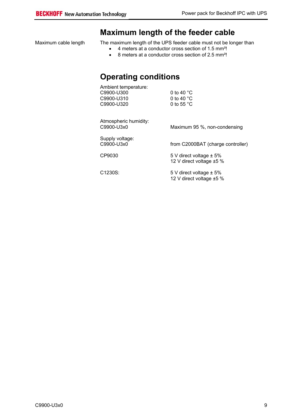 Maximum length of the feeder cable, Operating conditions | BECKHOFF C9900-U3x0 User Manual | Page 12 / 20