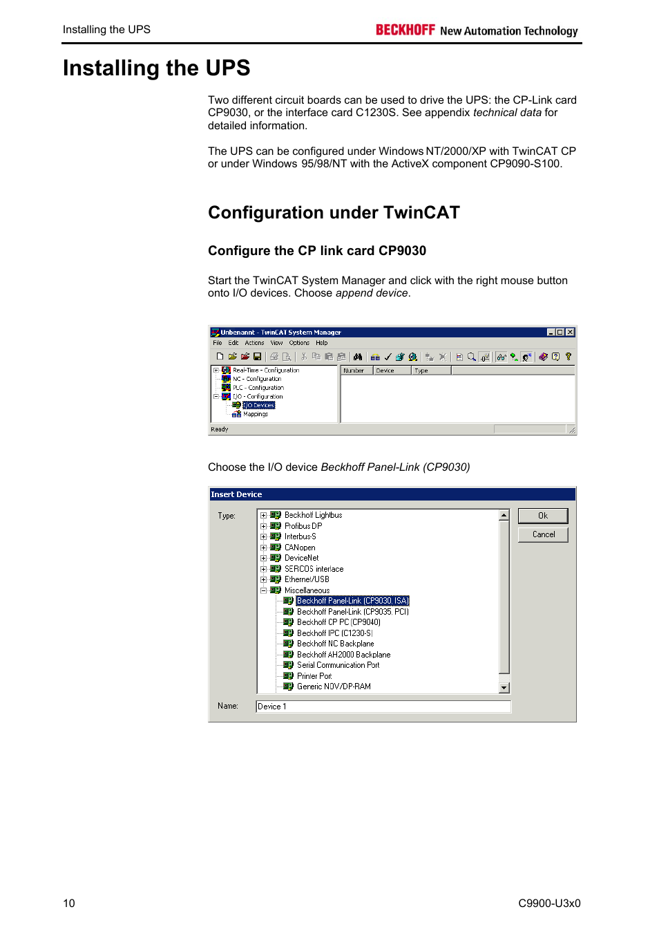 Installing the ups, Configuration under twincat, Configure the cp link card cp9030 | BECKHOFF C9900-U3x0 User Manual | Page 13 / 20