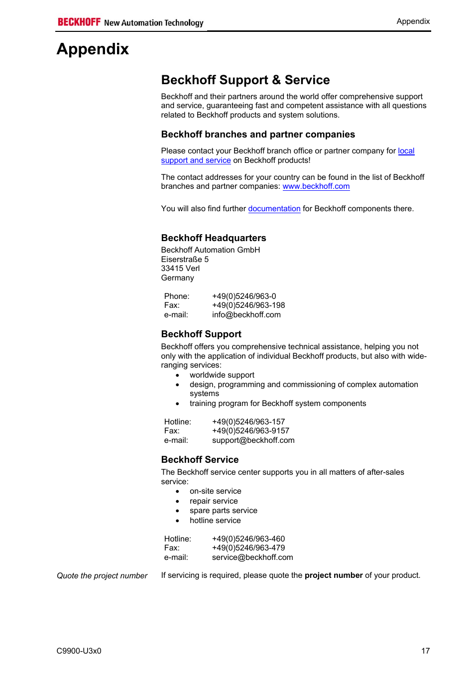 Appendix, Beckhoff support & service, Beckhoff branches and partner companies | Beckhoff headquarters, Beckhoff support, Beckhoff service, Appendix 17 | BECKHOFF C9900-U3x0 User Manual | Page 20 / 20