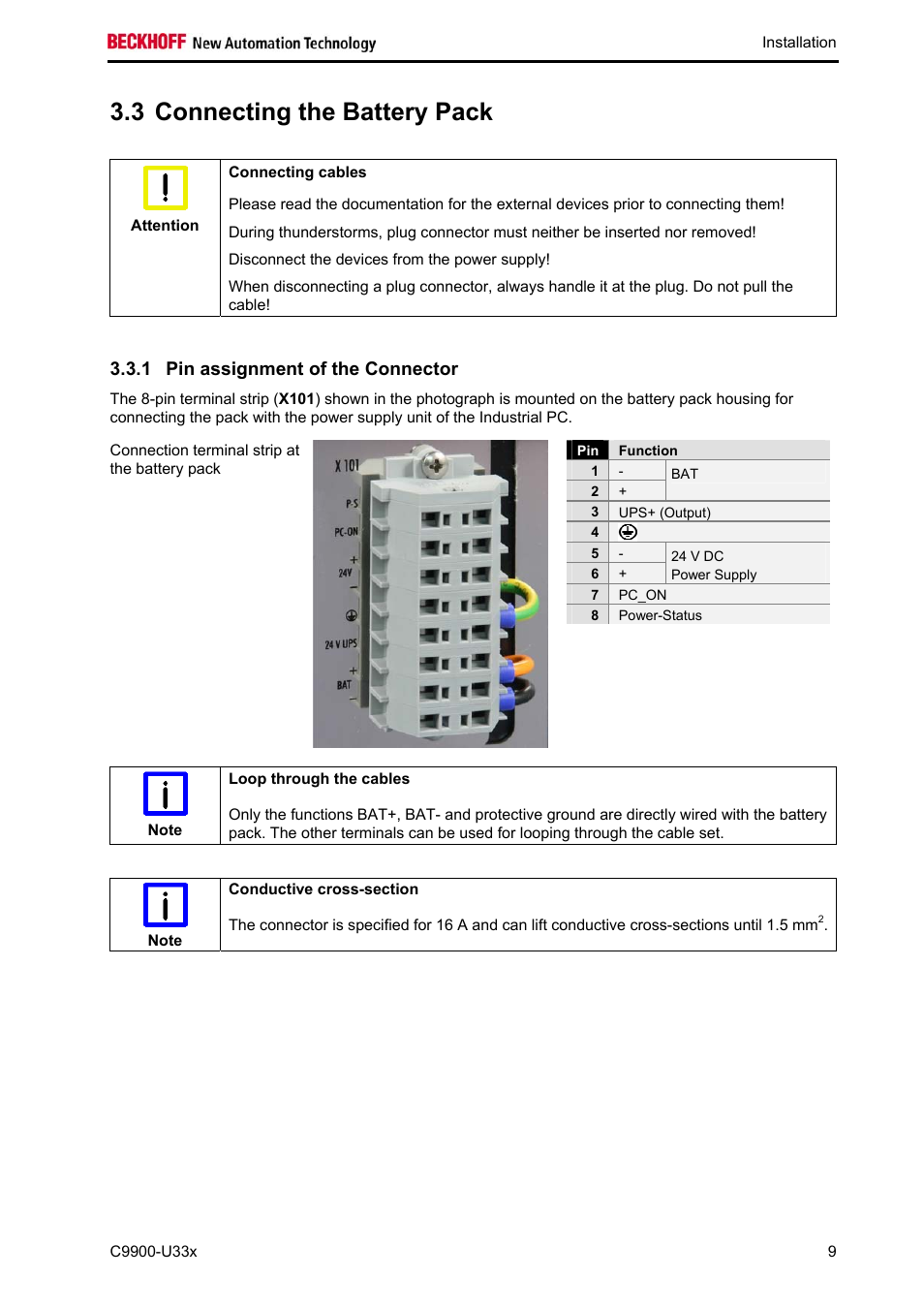 Connecting the battery pack, Pin assignment of the connector, 3 connecting the battery pack | 1 pin assignment of the connector | BECKHOFF C9900-U33x User Manual | Page 11 / 17