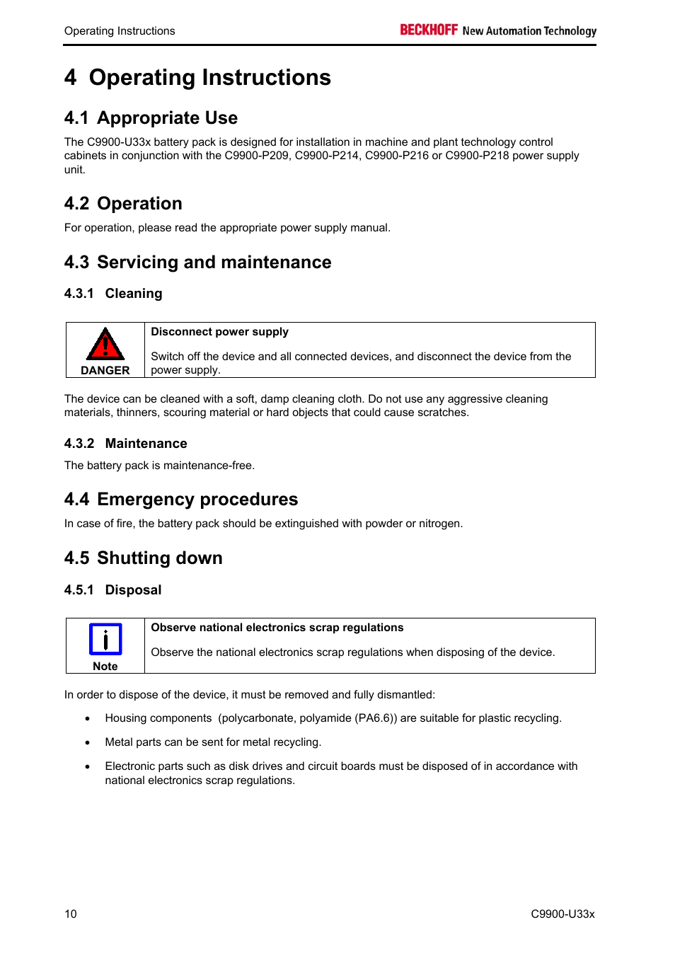 Operating instructions, Appropriate use, Operation | Servicing and maintenance, Cleaning, Maintenance, Emergency procedures, Shutting down, Disposal, Operation 10 | BECKHOFF C9900-U33x User Manual | Page 12 / 17