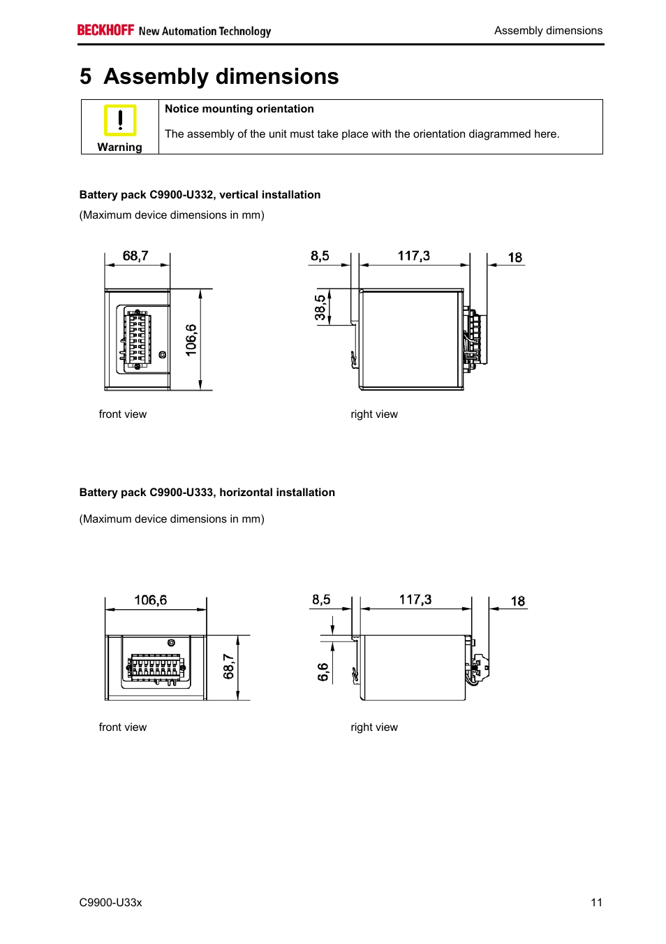 Assembly dimensions, 5 assembly dimensions | BECKHOFF C9900-U33x User Manual | Page 13 / 17