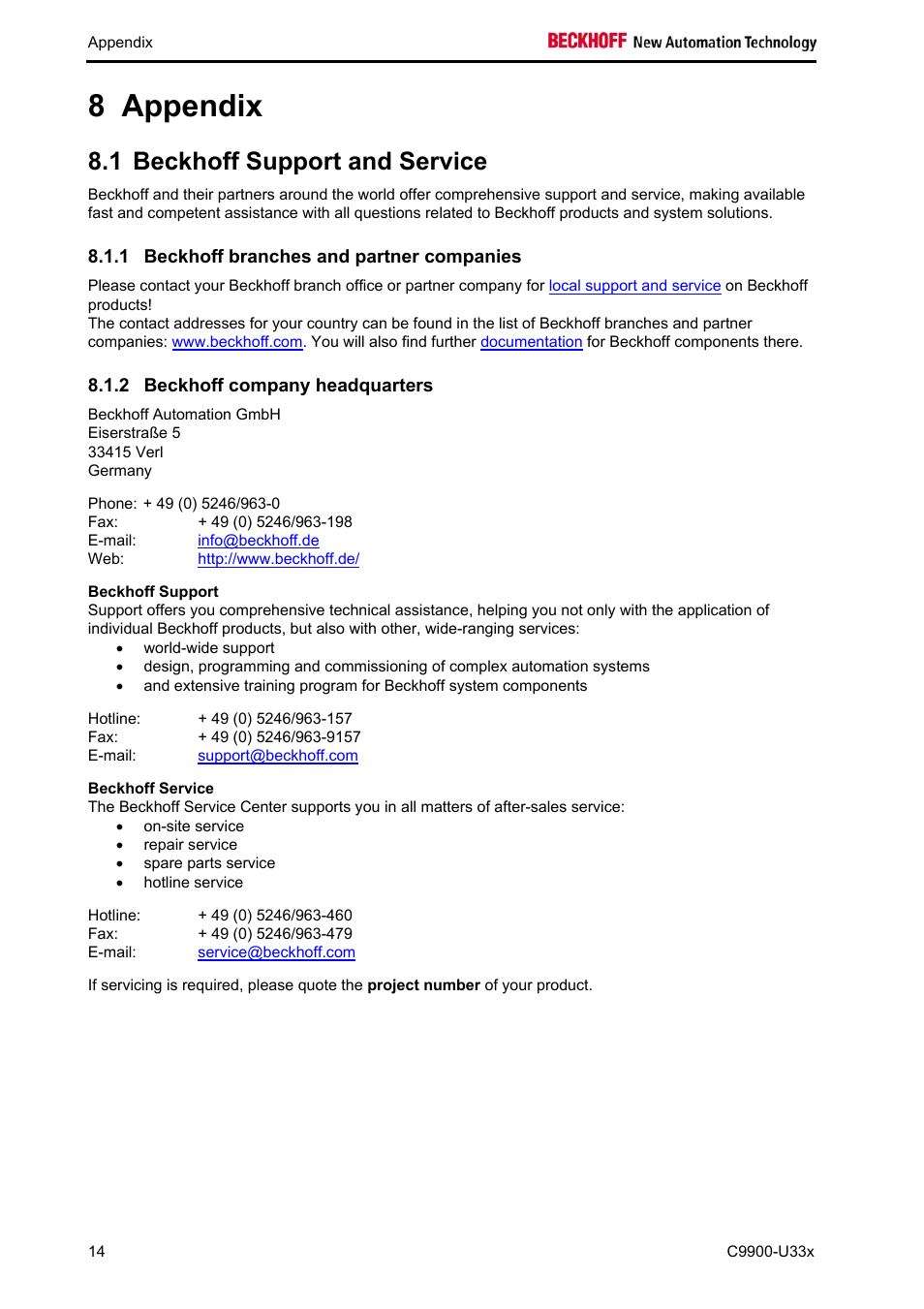 Appendix, Beckhoff support and service, Beckhoff branches and partner companies | Beckhoff company headquarters, Beckhoff support, Beckhoff service, Appendix 14, 8 appendix, 1 beckhoff support and service | BECKHOFF C9900-U33x User Manual | Page 16 / 17