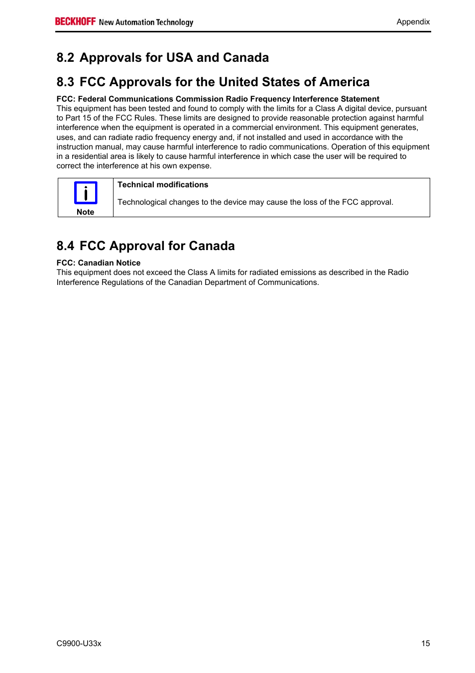Approvals for usa and canada, Fcc approvals for the united states of america, Fcc approval for canada | Fcc: canadian notice, 4 fcc approval for canada | BECKHOFF C9900-U33x User Manual | Page 17 / 17