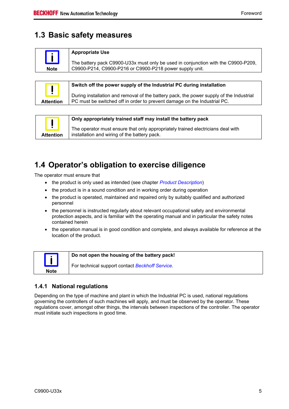 Basic safety measures, Operator’s obligation to exercise diligence, National regulations | 3 basic safety measures, 4 operator’s obligation to exercise diligence | BECKHOFF C9900-U33x User Manual | Page 7 / 17