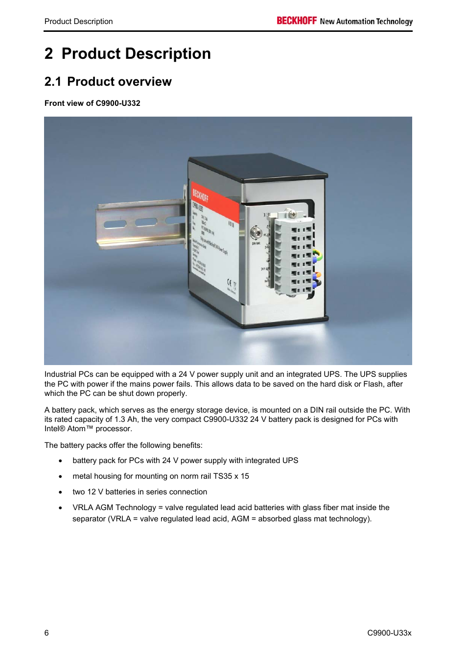 Product description, Product overview, Front view of c9900-u332 | 2 product description, 1 product overview | BECKHOFF C9900-U33x User Manual | Page 8 / 17