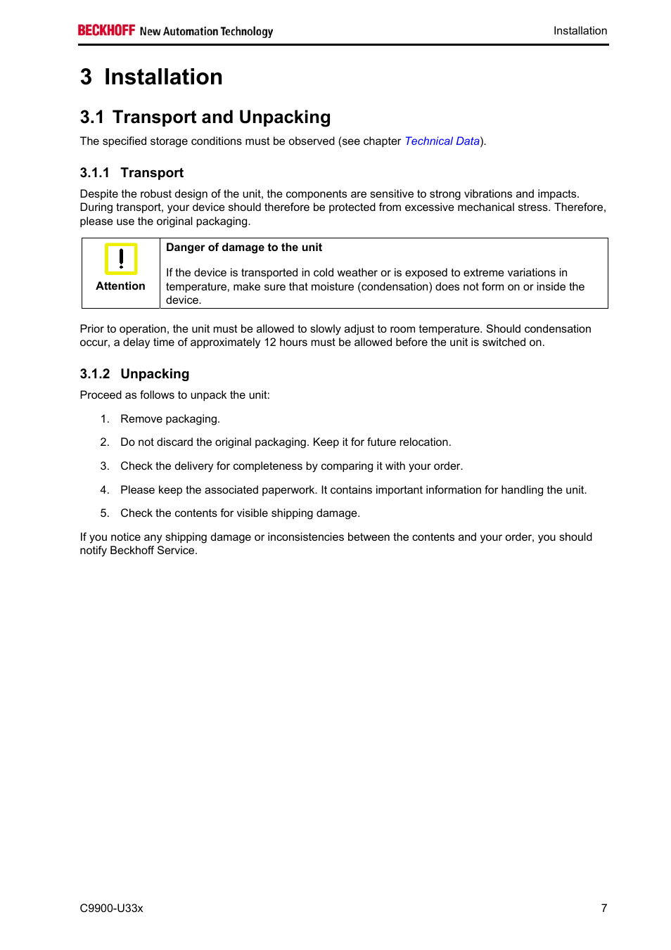 Installation, Transport and unpacking, Transport | Unpacking, Installation 7, 3 installation, 1 transport and unpacking | BECKHOFF C9900-U33x User Manual | Page 9 / 17