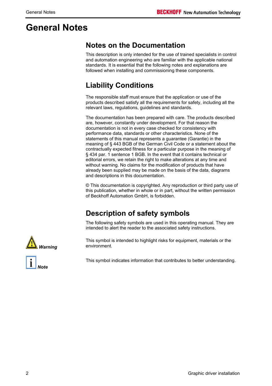 General notes, Notes on the documentation, Liability conditions | Description of safety symbols | BECKHOFF EP-M845B User Manual | Page 2 / 6