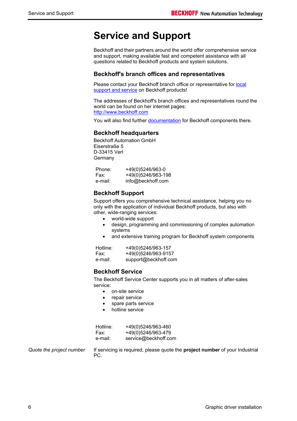 Service and support, Beckhoff's branch offices and representatives, Beckhoff headquarters | Beckhoff support, Beckhoff service | BECKHOFF EP-M845B User Manual | Page 6 / 6
