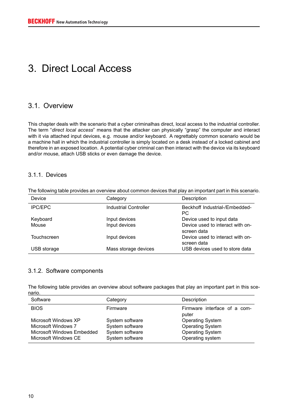 Direct local access, Overview, Devices | Software components, Potential threat scenarios | BECKHOFF IPC-Security User Manual | Page 10 / 73