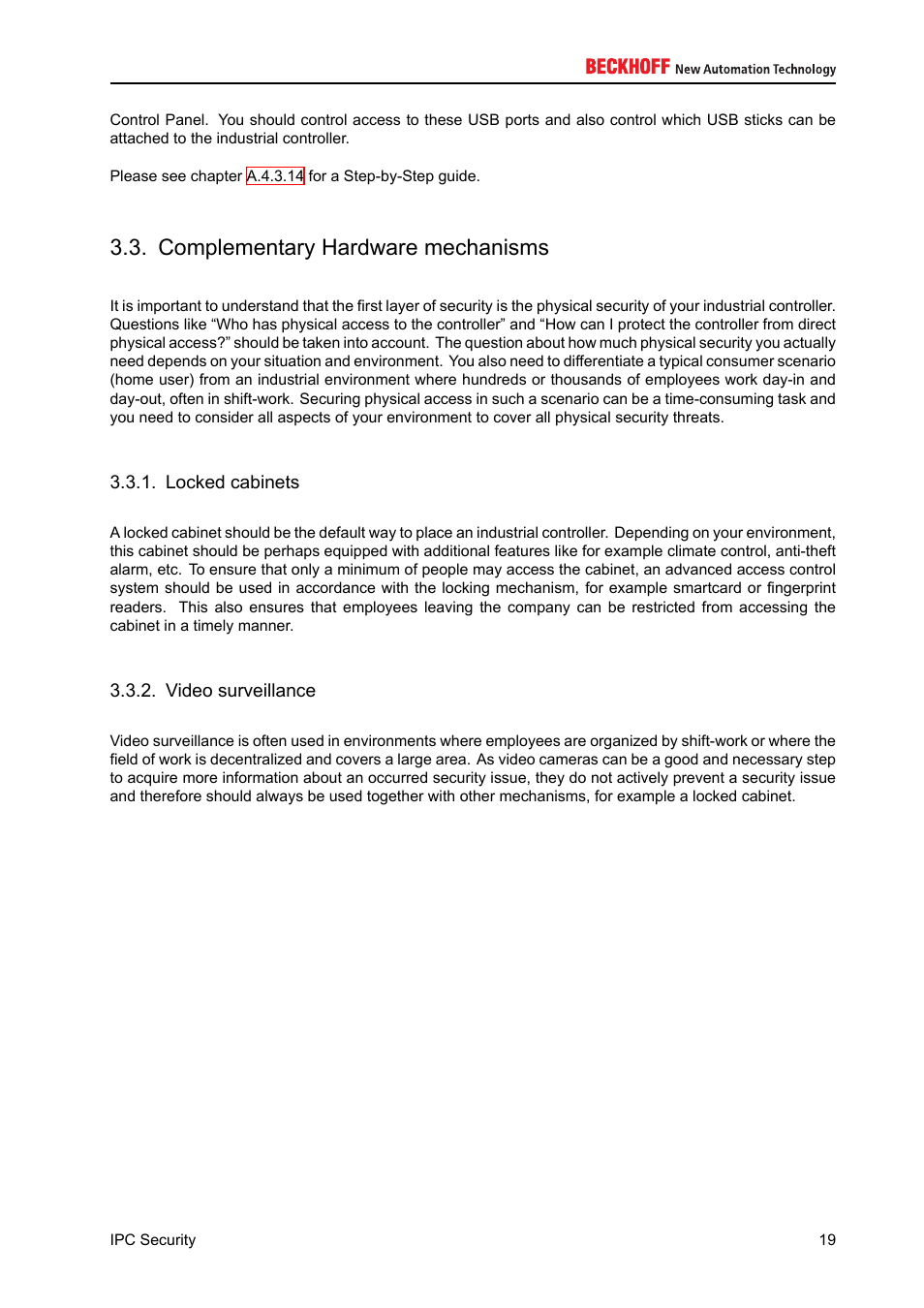 Complementary hardware mechanisms, Locked cabinets, Video surveillance | BECKHOFF IPC-Security User Manual | Page 19 / 73