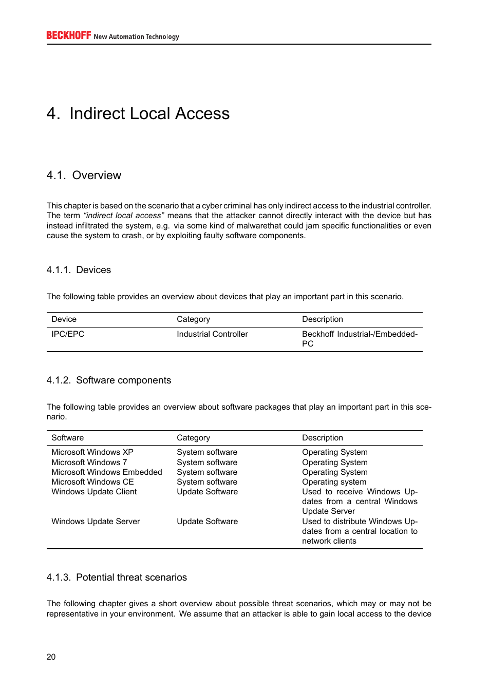 Indirect local access, Overview, Devices | Software components, Potential threat scenarios | BECKHOFF IPC-Security User Manual | Page 20 / 73