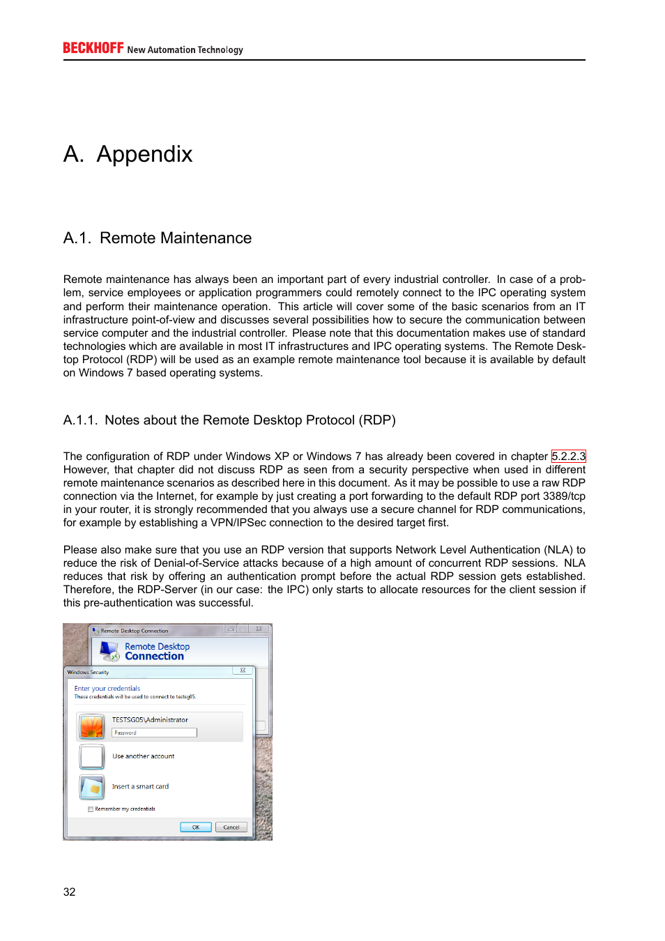 Appendix, Remote maintenance, Notes about the remote desktop protocol (rdp) | A. appendix, A.1. remote maintenance | BECKHOFF IPC-Security User Manual | Page 32 / 73