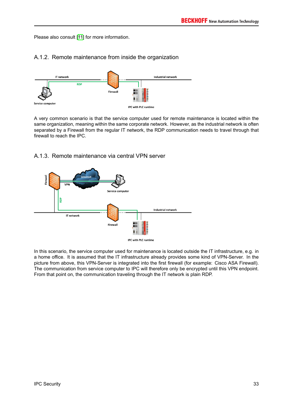 Remote maintenance from inside the organization, Remote maintenance via central vpn server, Remote maintenance via vpn server on ipc | A.1.3. remote maintenance via central vpn server, A.1.4. remote maintenance via vpn server on ipc | BECKHOFF IPC-Security User Manual | Page 33 / 73