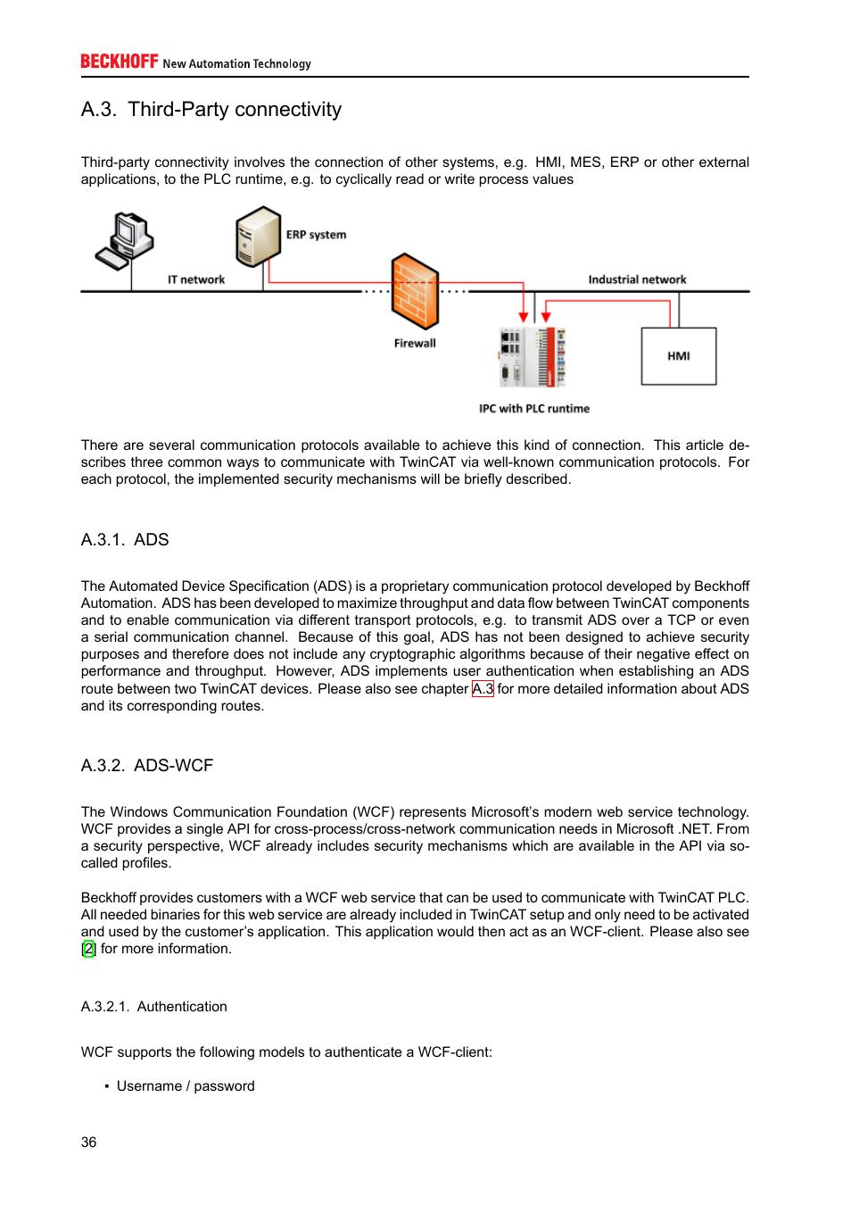 Third-party connectivity, Ads-wcf, A.3. third-party connectivity | A.3.1. ads, A.3.2. ads-wcf | BECKHOFF IPC-Security User Manual | Page 36 / 73