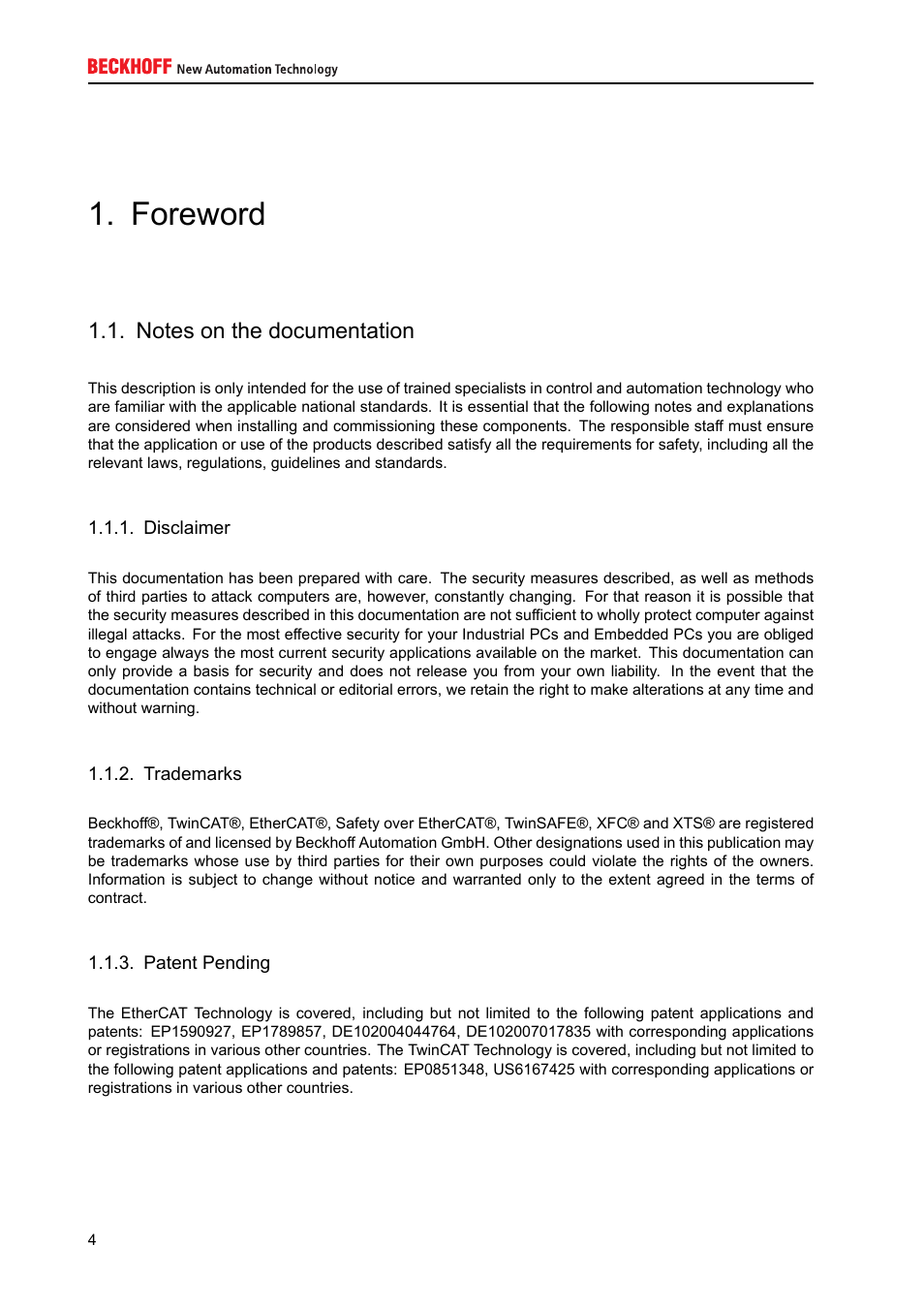 Foreword, Notes on the documentation, Disclaimer | Trademarks, Patent pending, Copyright | BECKHOFF IPC-Security User Manual | Page 4 / 73