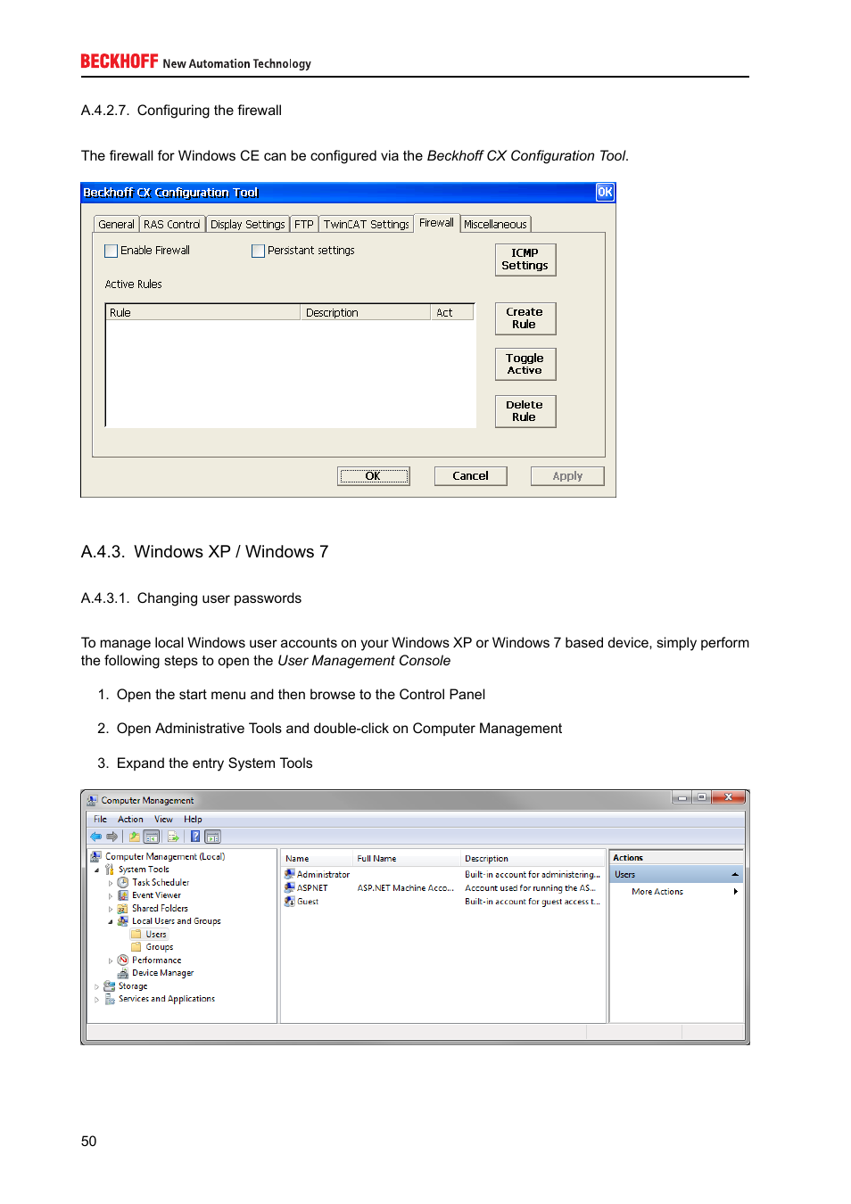 Windows xp / windows 7, A.4.3. windows xp / windows 7, A.4.3.1 | A.4.3.2, A.4.2.7 | BECKHOFF IPC-Security User Manual | Page 50 / 73