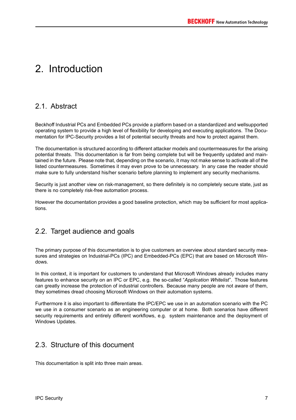 Introduction, Abstract, Target audience and goals | Structure of this document | BECKHOFF IPC-Security User Manual | Page 7 / 73