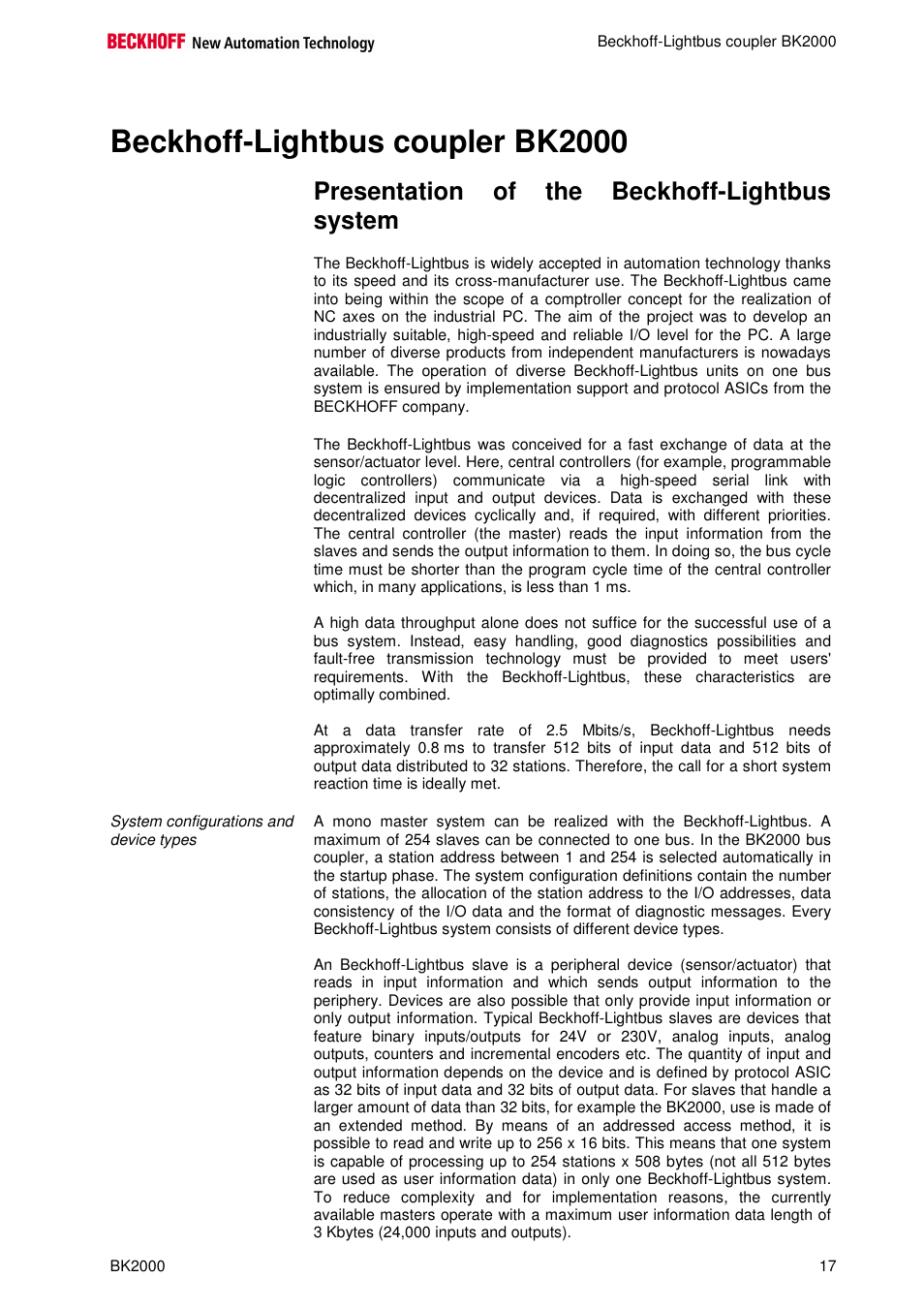 Beckhoff-lightbus coupler bk2000, Presentation of the beckhoff-lightbus system | BECKHOFF BK2000 User Manual | Page 17 / 30