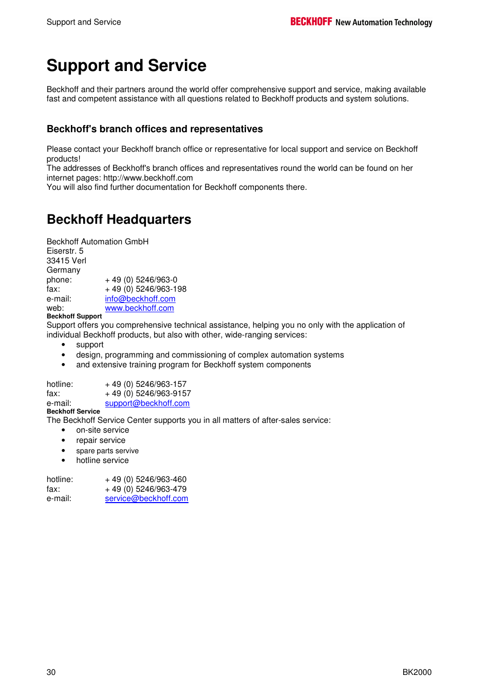 Support and service, Beckhoff headquarters, Beckhoff's branch offices and representatives | BECKHOFF BK2000 User Manual | Page 30 / 30