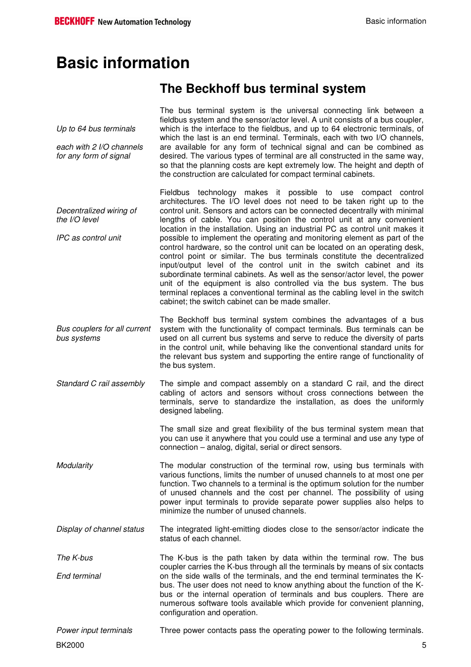 Basic information, The beckhoff bus terminal system | BECKHOFF BK2000 User Manual | Page 5 / 30