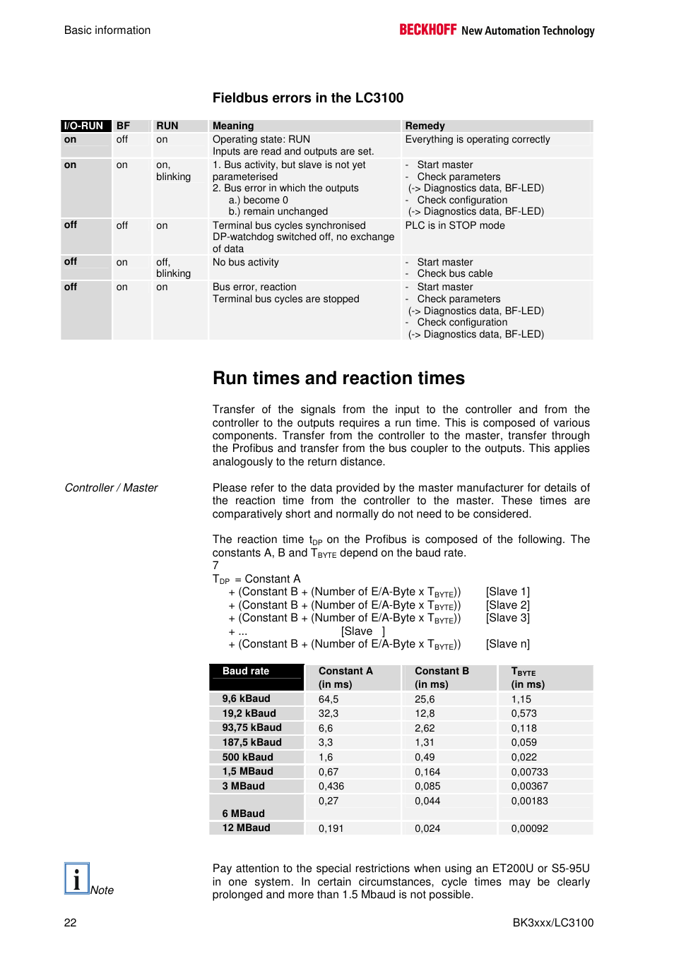 Run times and reaction times, Fieldbus errors in the lc3100 | BECKHOFF BK3000 User Manual | Page 22 / 67