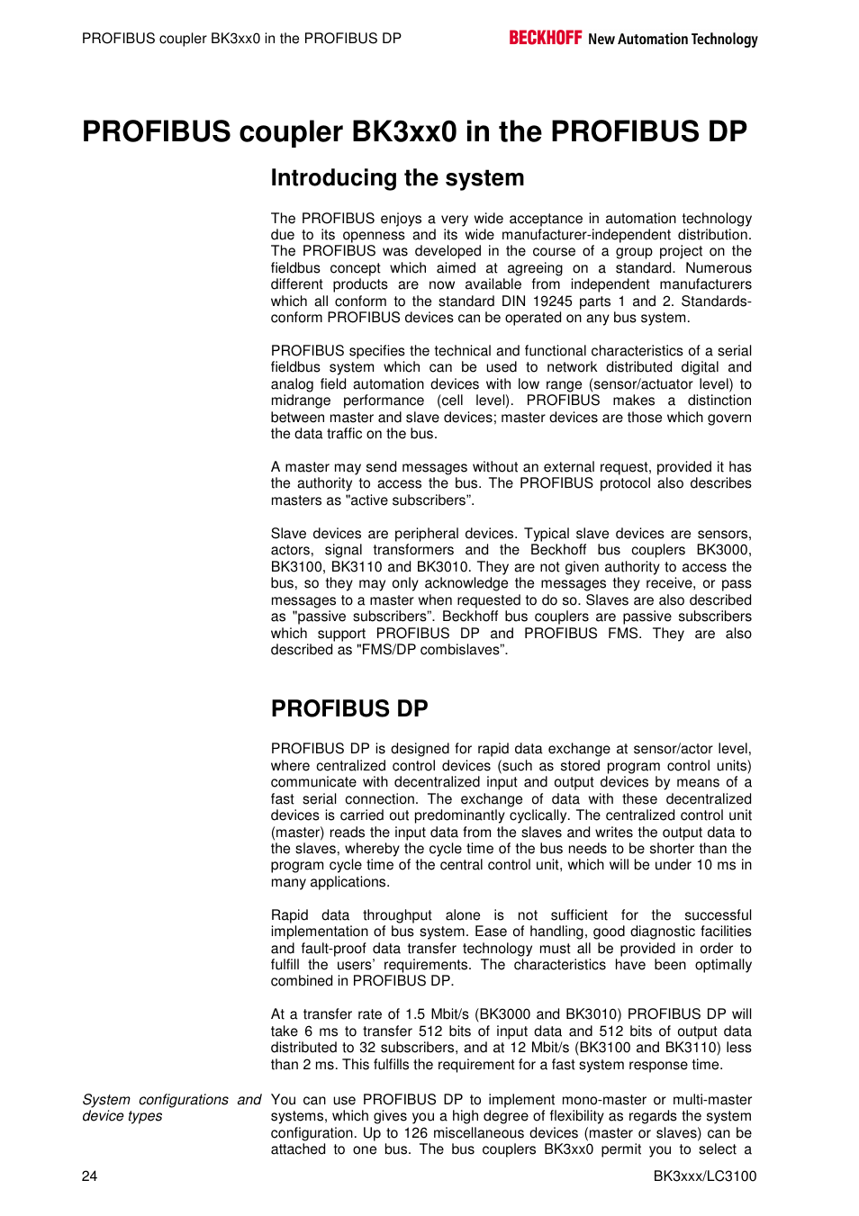 Profibus coupler bk3xx0 in the profibus dp, Introducing the system, Profibus dp | BECKHOFF BK3000 User Manual | Page 24 / 67