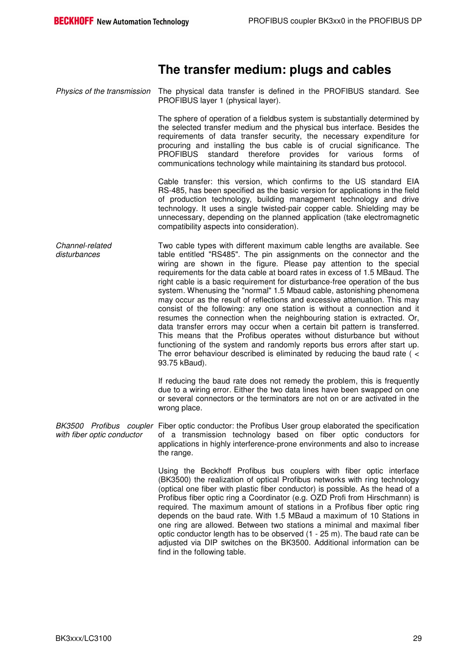 The transfer medium: plugs and cables | BECKHOFF BK3000 User Manual | Page 29 / 67