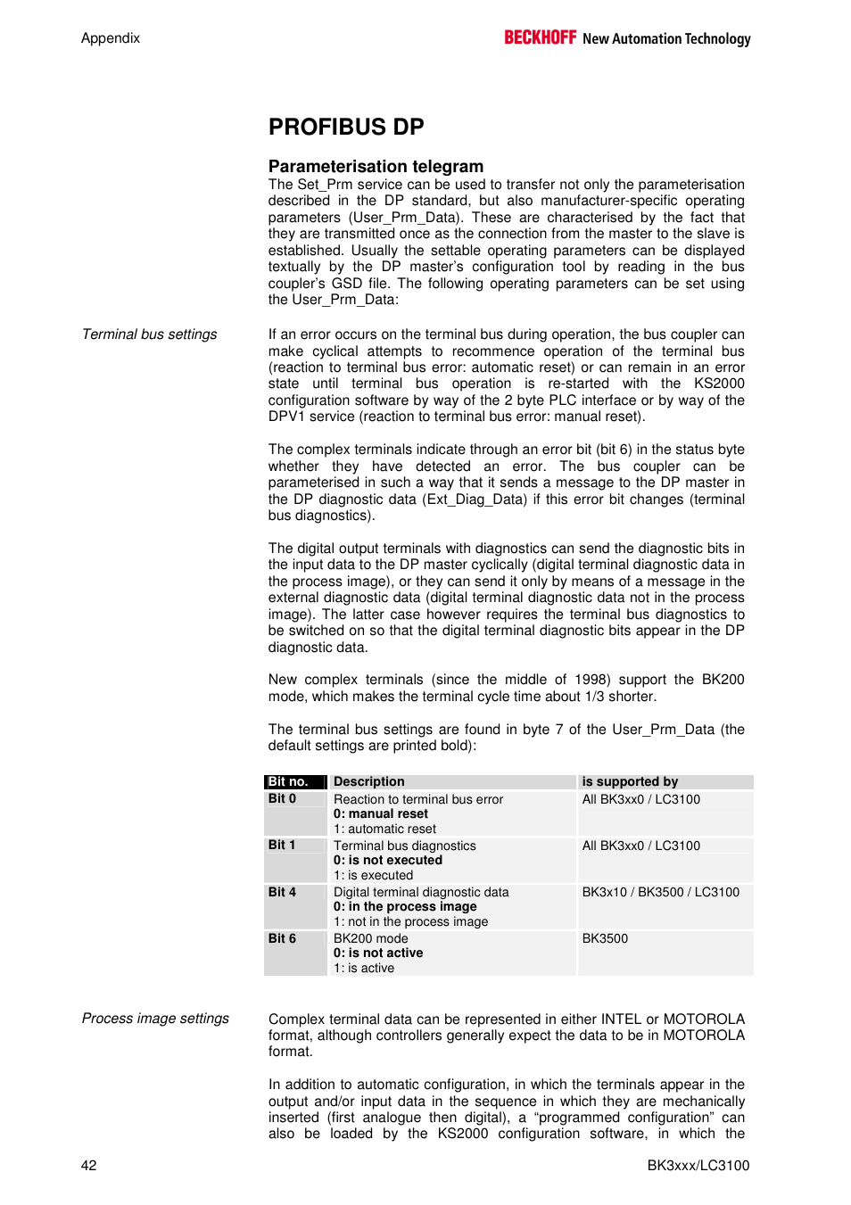 Profibus dp, Parameterisation telegram | BECKHOFF BK3000 User Manual | Page 42 / 67