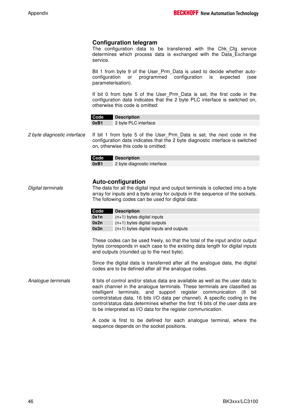 Configuration telegram, Auto-configuration | BECKHOFF BK3000 User Manual | Page 46 / 67