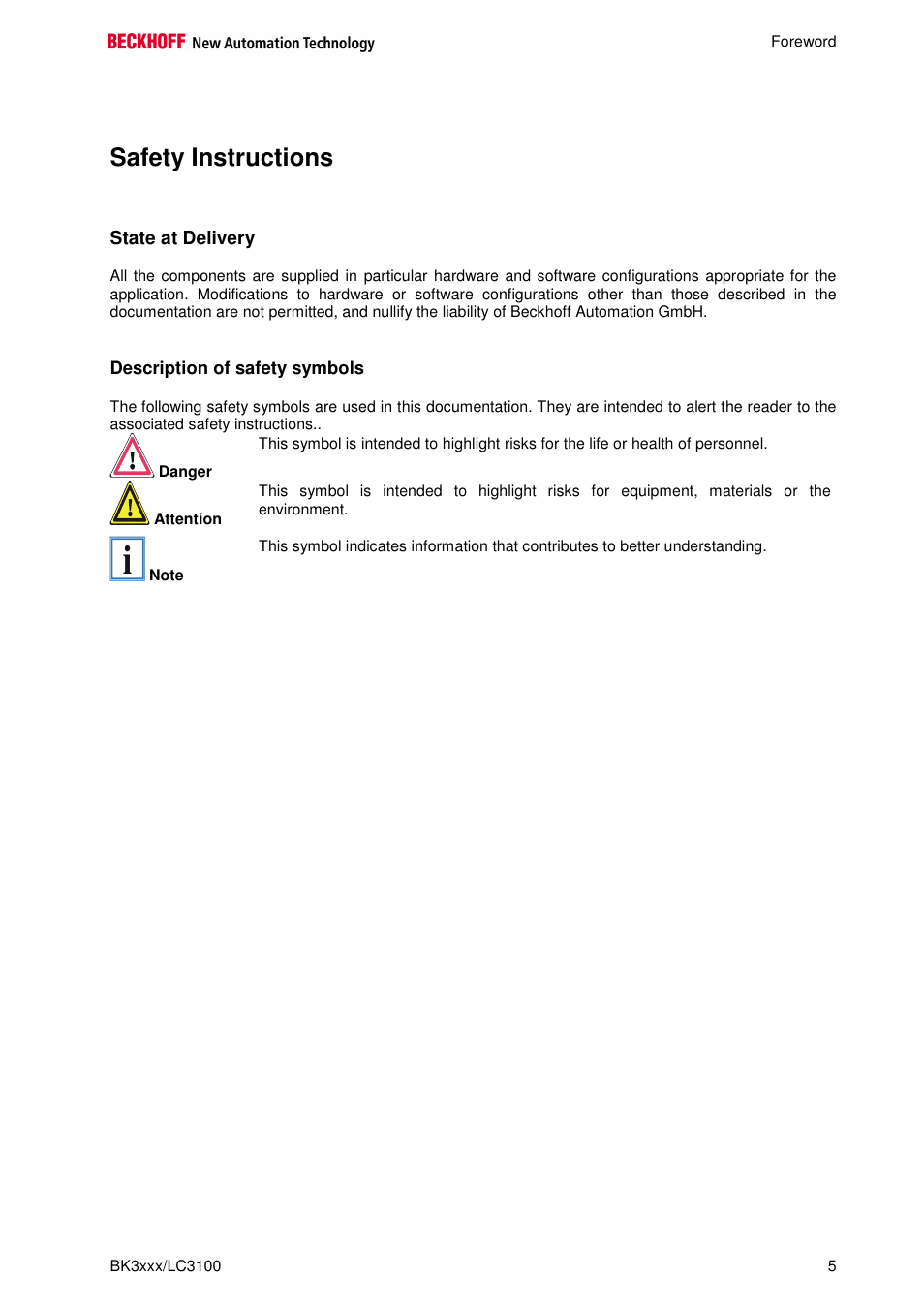 Safety instructions | BECKHOFF BK3000 User Manual | Page 5 / 67