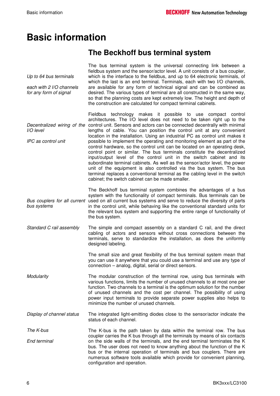 Basic information, The beckhoff bus terminal system | BECKHOFF BK3000 User Manual | Page 6 / 67