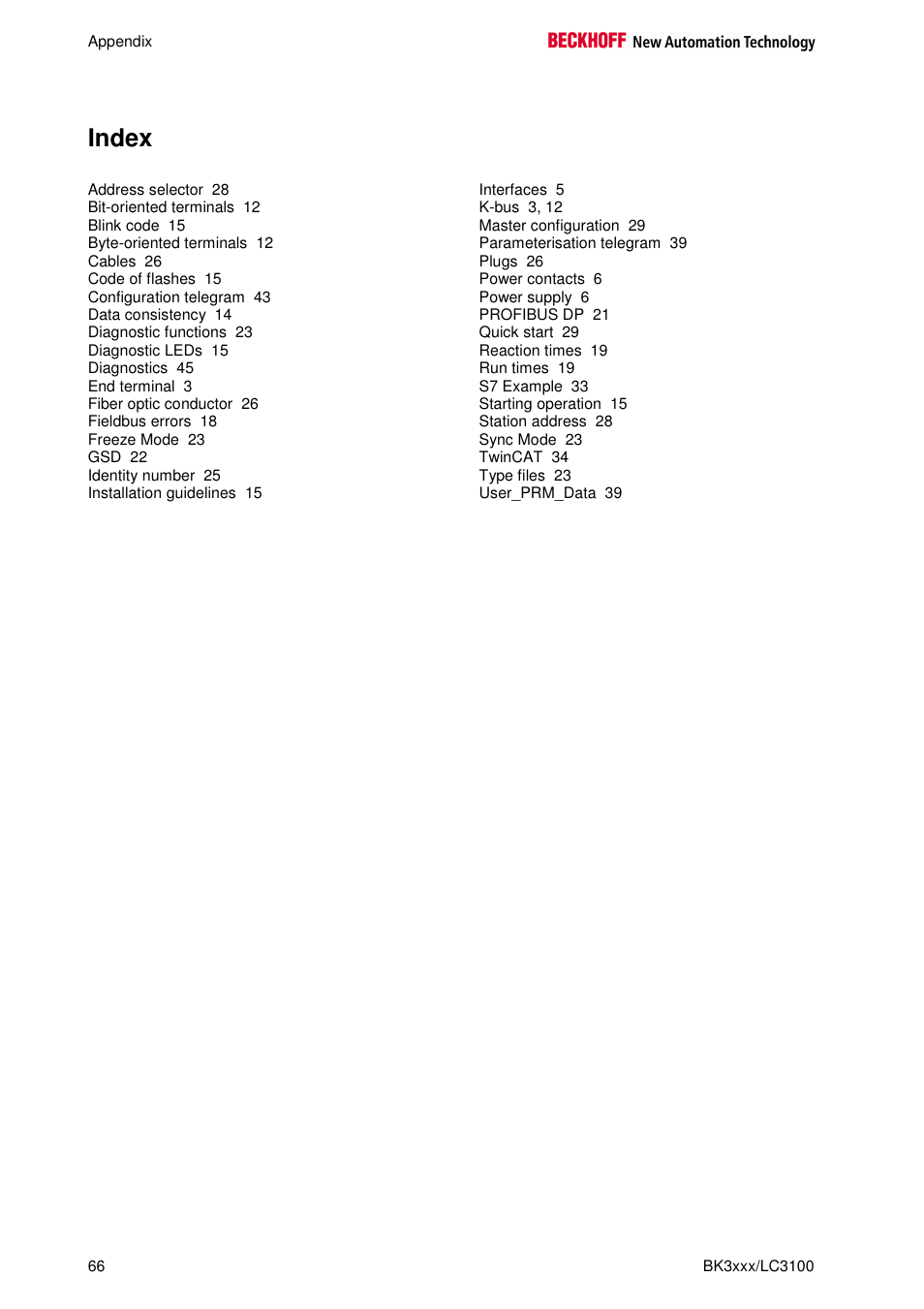 Index | BECKHOFF BK3000 User Manual | Page 66 / 67
