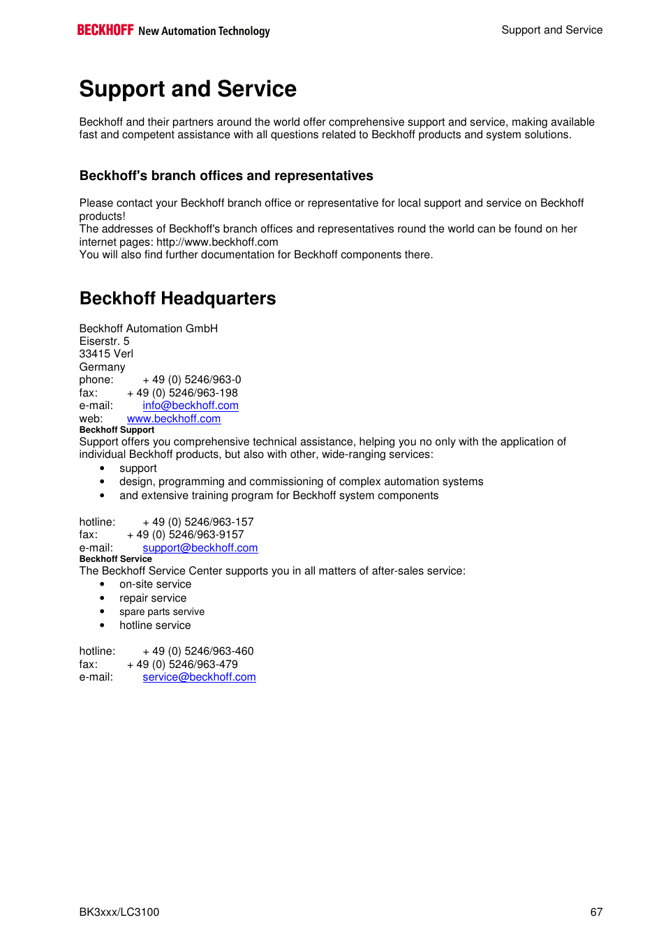 Support and service, Beckhoff headquarters, Beckhoff's branch offices and representatives | BECKHOFF BK3000 User Manual | Page 67 / 67