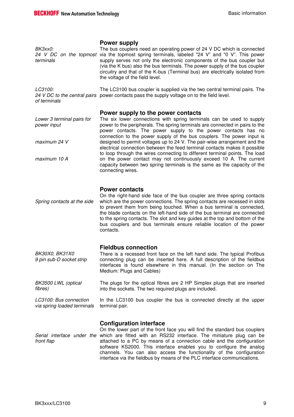 Power supply, Power supply to the power contacts, Power contacts | Fieldbus connection, Configuration interface | BECKHOFF BK3000 User Manual | Page 9 / 67