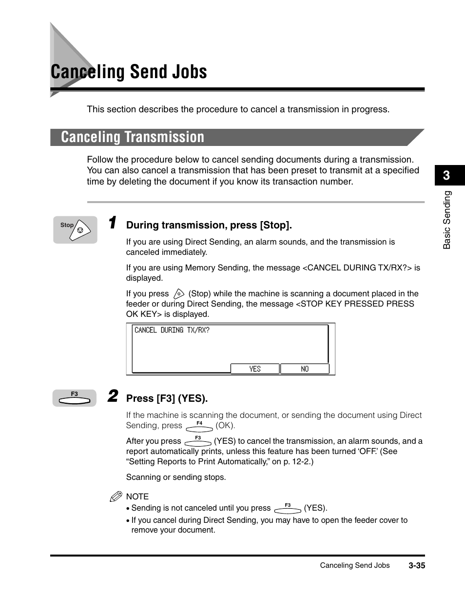 Canceling send jobs, Canceling transmission, Canceling send jobs -35 | Canceling transmission -35, See “canceling send jobs,” on p. 3-35, “chec, See “canceling send jobs,” on p. 3-35.) | Canon IMAGERUNNER 2010F User Manual | Page 118 / 382