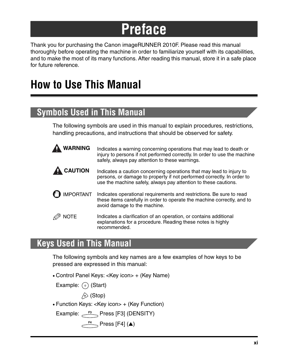Preface, How to use this manual, Symbols used in this manual | Keys used in this manual | Canon IMAGERUNNER 2010F User Manual | Page 12 / 382