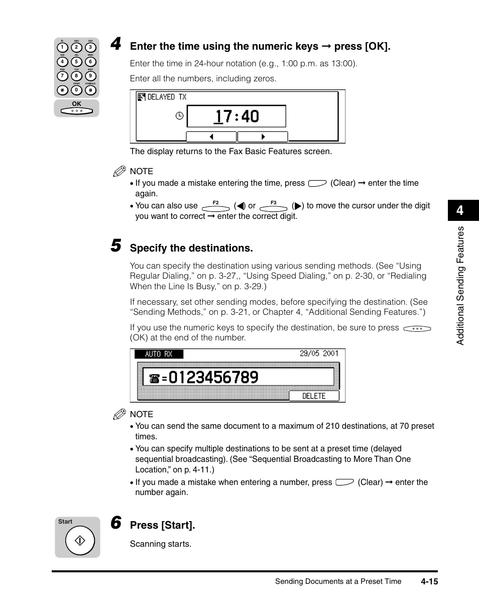 Enter the time using the numeric keys ➞ press [ok, Specify the destinations, Press [start | Canon IMAGERUNNER 2010F User Manual | Page 138 / 382