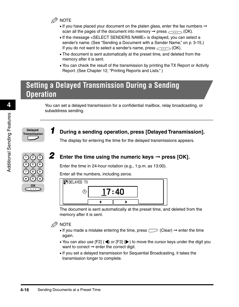 Enter the time using the numeric keys ➞ press [ok, Additional sending f eatures | Canon IMAGERUNNER 2010F User Manual | Page 139 / 382