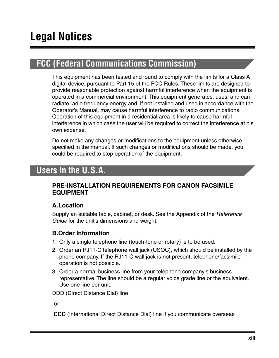 Legal notices, Fcc (federal communications commission), Users in the u.s.a | Canon IMAGERUNNER 2010F User Manual | Page 14 / 382
