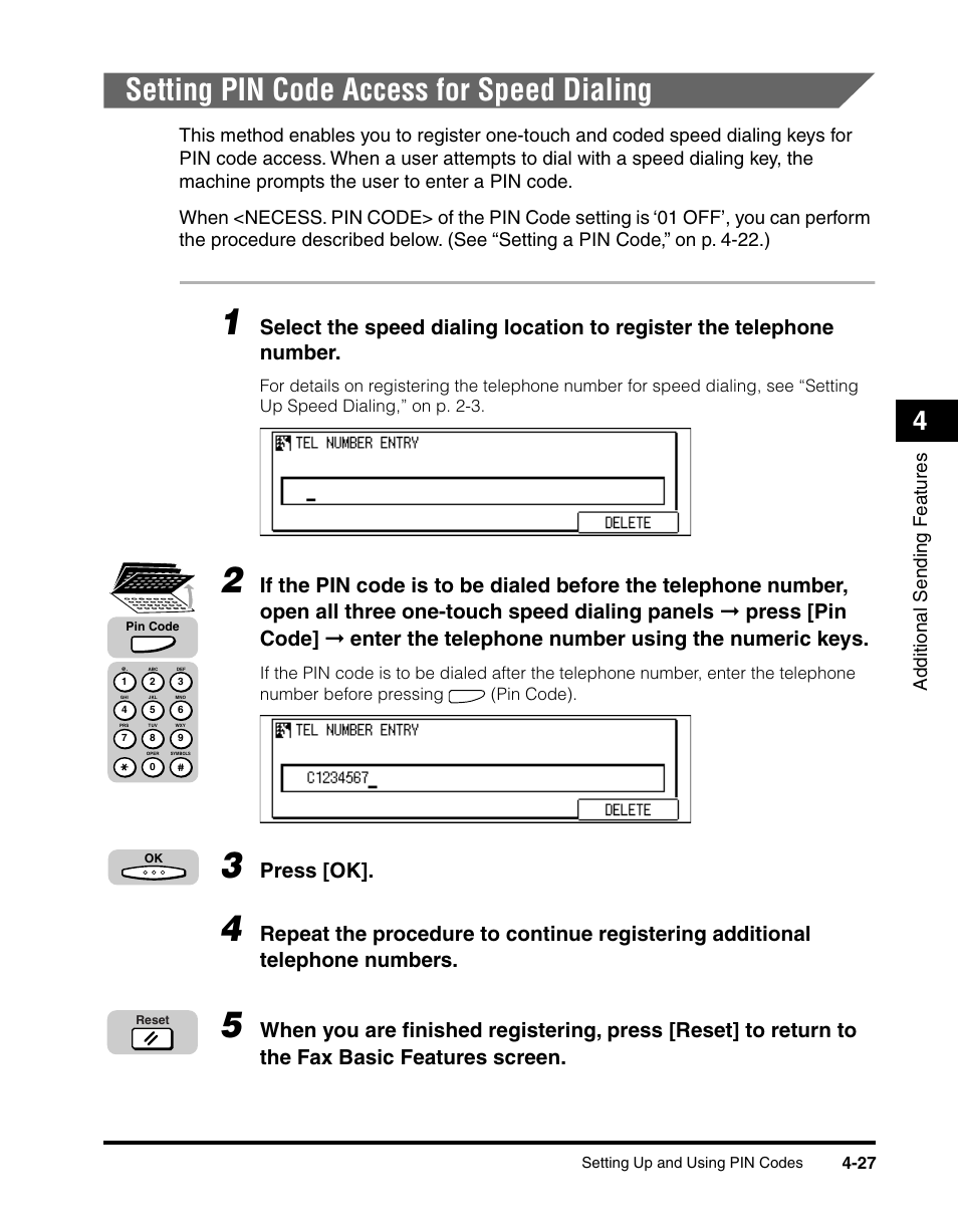 Setting pin code access for speed dialing, Setting pin code access for speed dialing -27, Press [ok | Canon IMAGERUNNER 2010F User Manual | Page 150 / 382