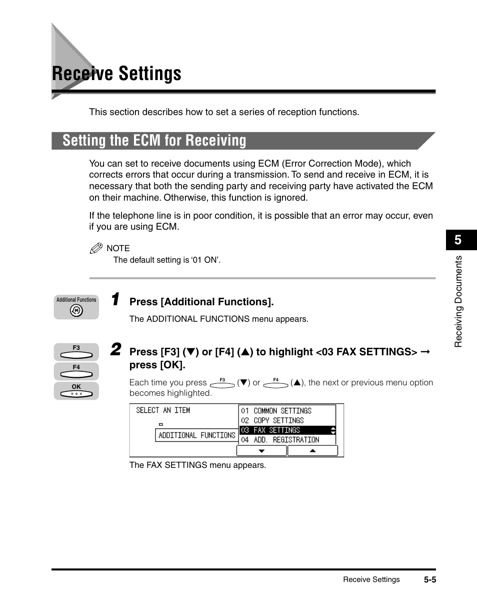 Receive settings, Setting the ecm for receiving, Receive settings -5 | Setting the ecm for receiving -5 | Canon IMAGERUNNER 2010F User Manual | Page 158 / 382